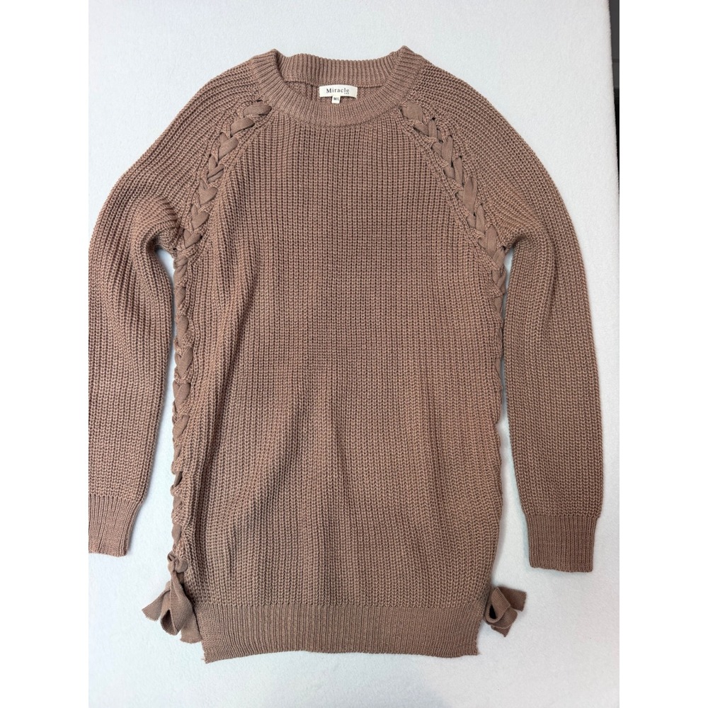 Miracle USA Womens Lace Up Side Braided Knit Sweater Taupe Brown Size M/L